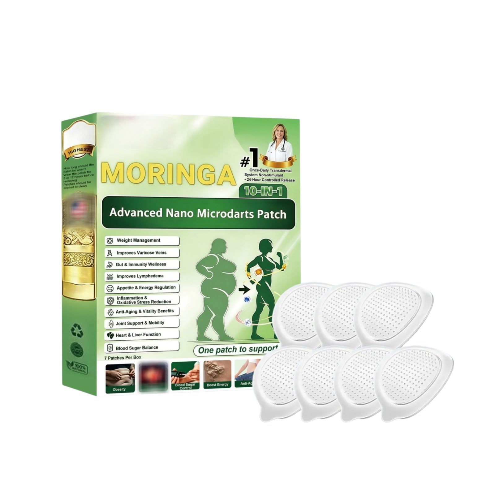Moringa 10 in 1 Patches,Advanced Nano Microneedle Patch, Patch dimagrante naturale per perdita di peso, pancia piatta, facile da applicare, invisibile, da uomo e donna, patch per tutti i tipi di corpo