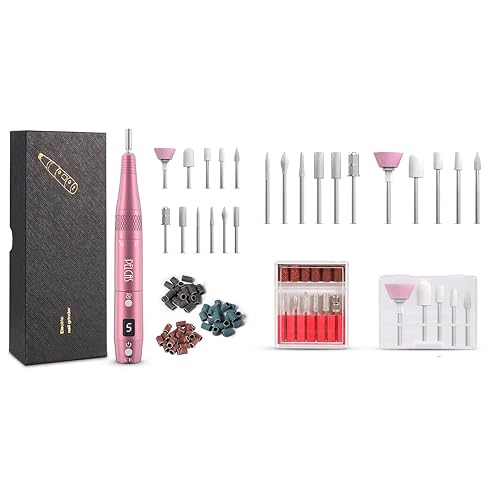 PELCAS Taladro de uñas eléctrico inalámbrico y repuesto original, 9 cabezales de taladro de uñas, kit de taladro de uñas portátil profesional