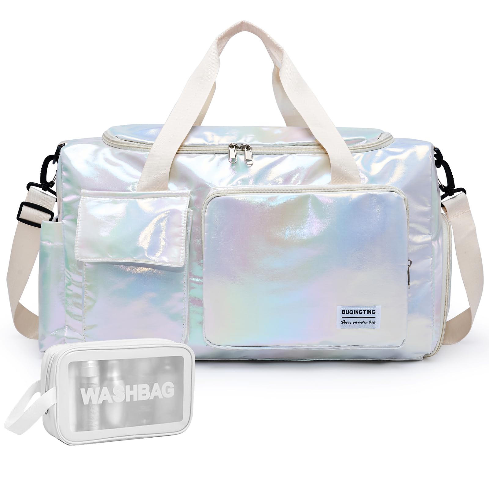 Z6 Beige Shinny Gym & Toiletry Bag - Women's Travel Duffle Carry On Weekender with Shoe Compartment โ image 1