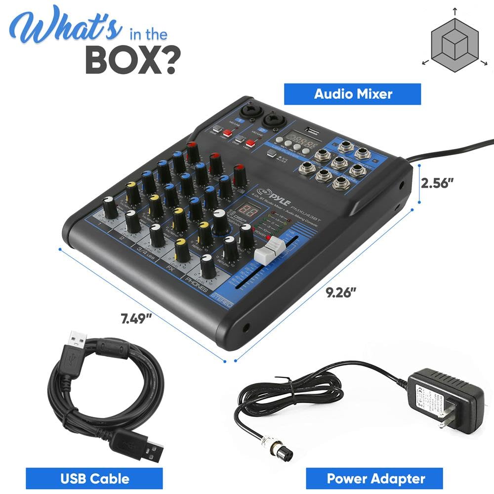 Mezclador de audio profesional con placa de sonido, interfaz de sistema de consola de 4 canales, digital, USB, Bluetooth, MP3, entrada de computadora, 48 V, Phantom Power, estéreo, DJ, Studio