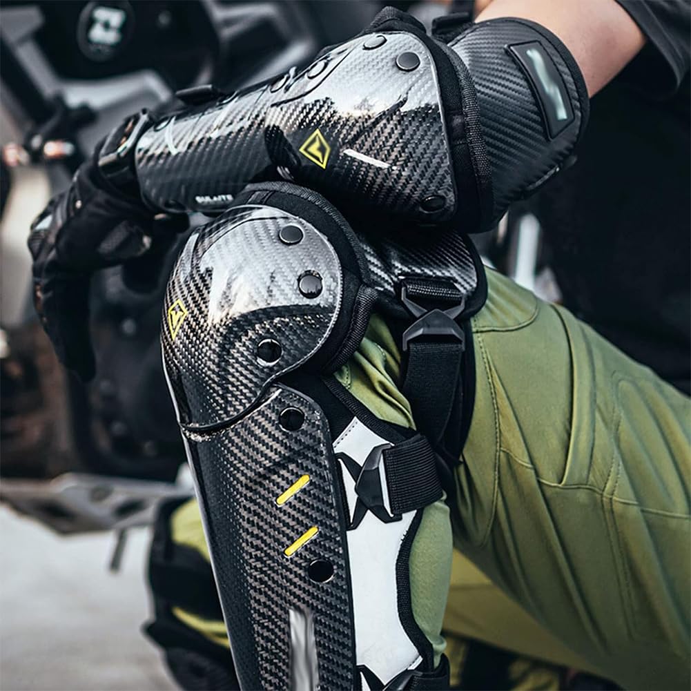 Motorrad Knieschoner, Kohlefaser Motocross Knie- / Ellbogenschützer Nachtreflexions-MTB-Knieschützer Sturzsicher für Snowboarden Reiten Skifahren Motocross Elbow Pads Knee Pads