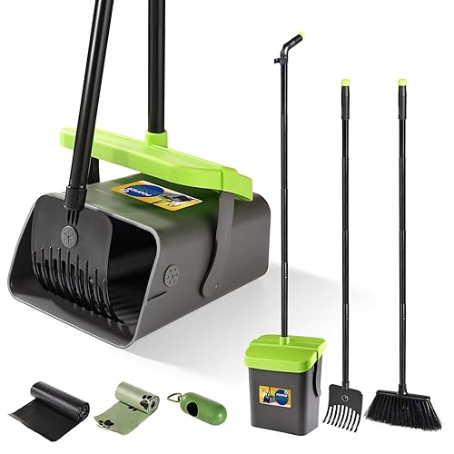 Pooper Scooper Swivel Bin & Rake Kit with 35 Bags – 46" Long Handle Heavy Duty Dog Poop Scooper with Bag Attachment, Yard Pet Waste Cleanup Tool for Large Medium Small Dogs - 3-piece set
