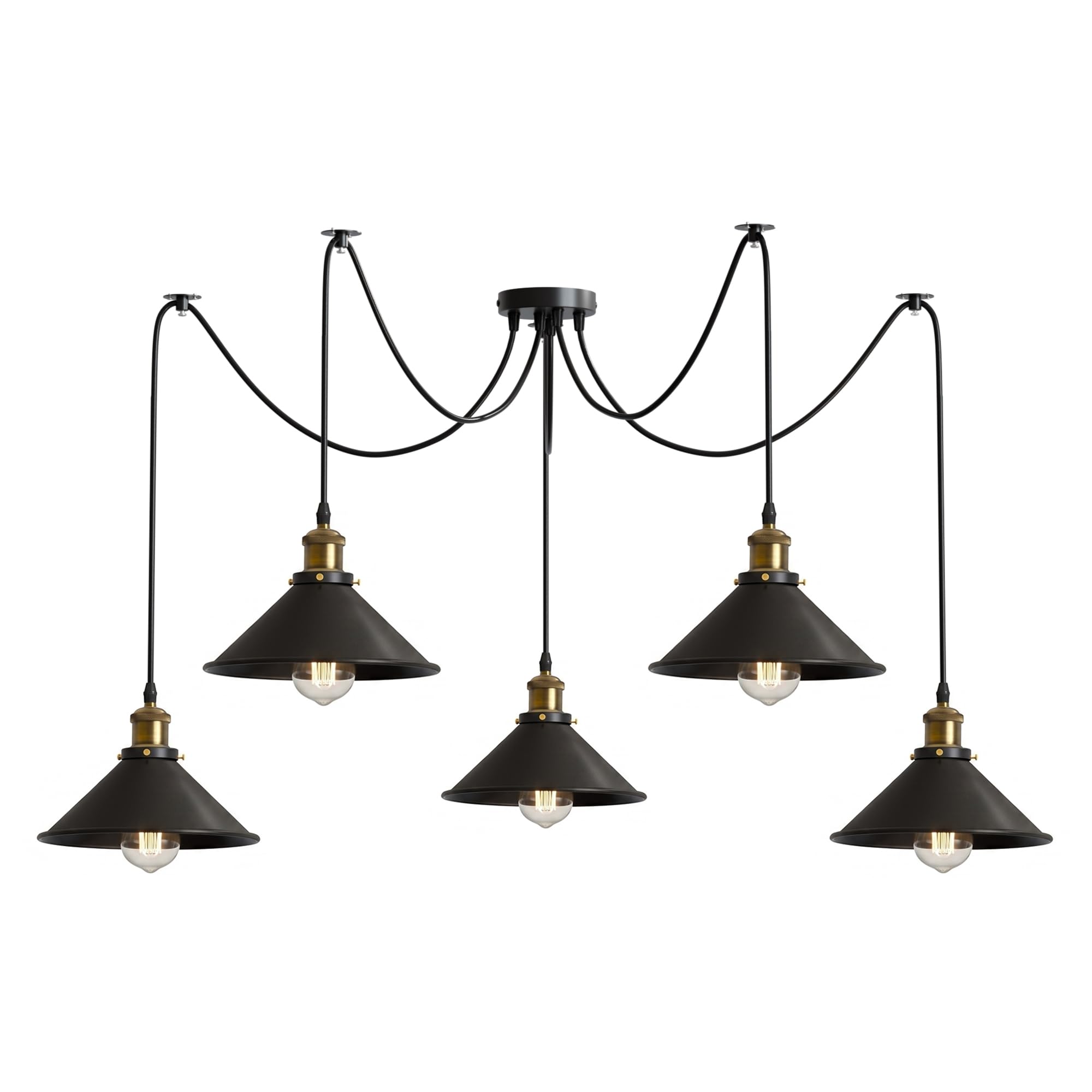 LEDSone Vintage Black Spider Pendant Light 5 Head, Cone Shaped Metal Shades with Adjustable 2M Cord, Easy Fit Industrial Ceiling Light for Kitchen Dining Room Cafe