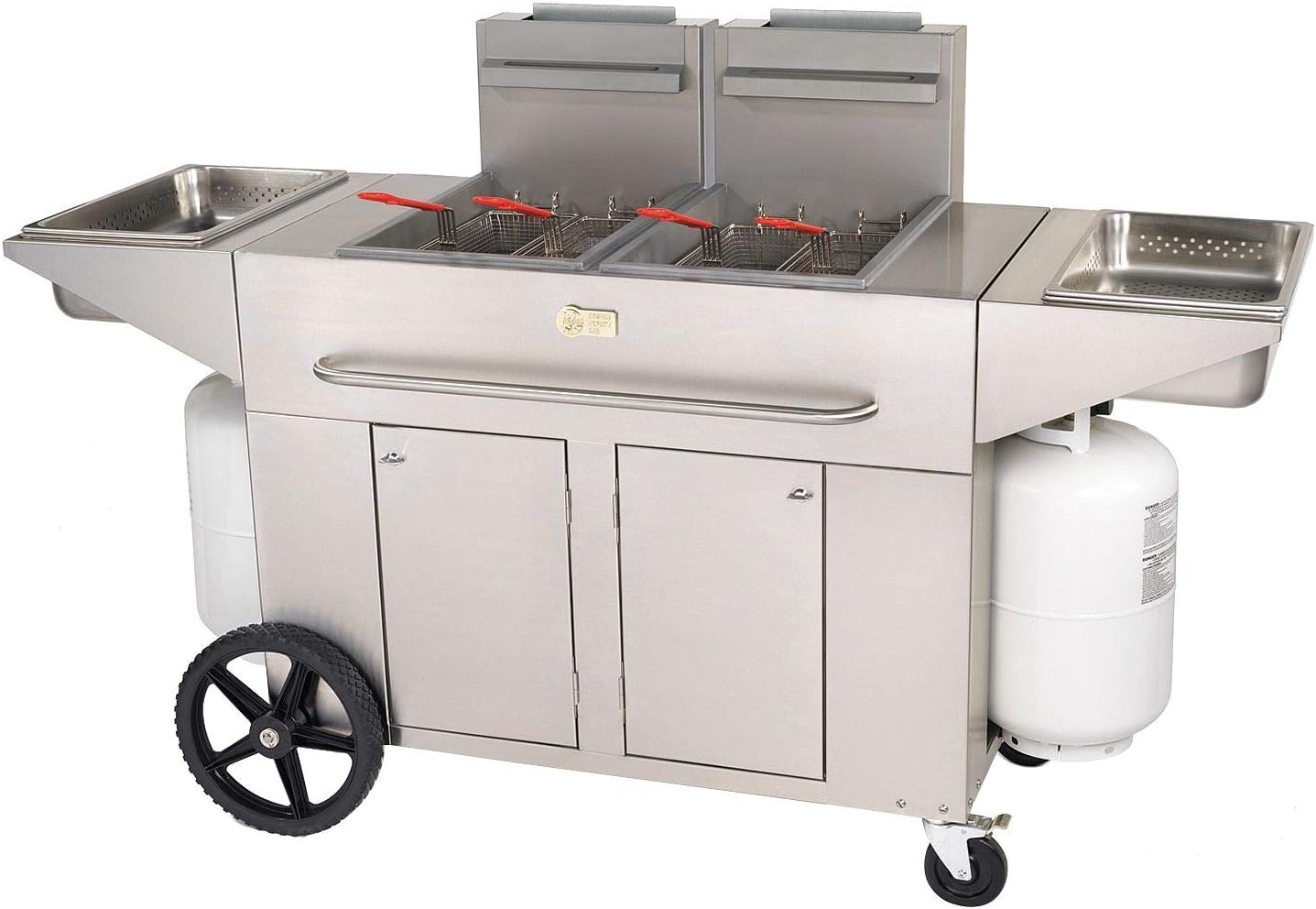 Crown Verity CV-PF-2-LP 53" Double Tank Outdoor Portable Fryer with 180 000 BTU/H 80 lbs. Capacity Millivolt Thermostat Control Four Fry Baskets and Heat Exchanger Tubes in Stainless Stee