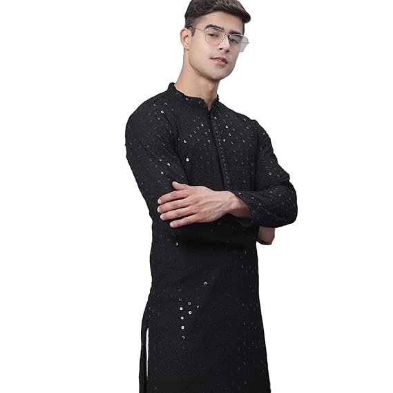 (Since 1958, Men's Pure Cotton Mustard Embroidered Sequined Kurta