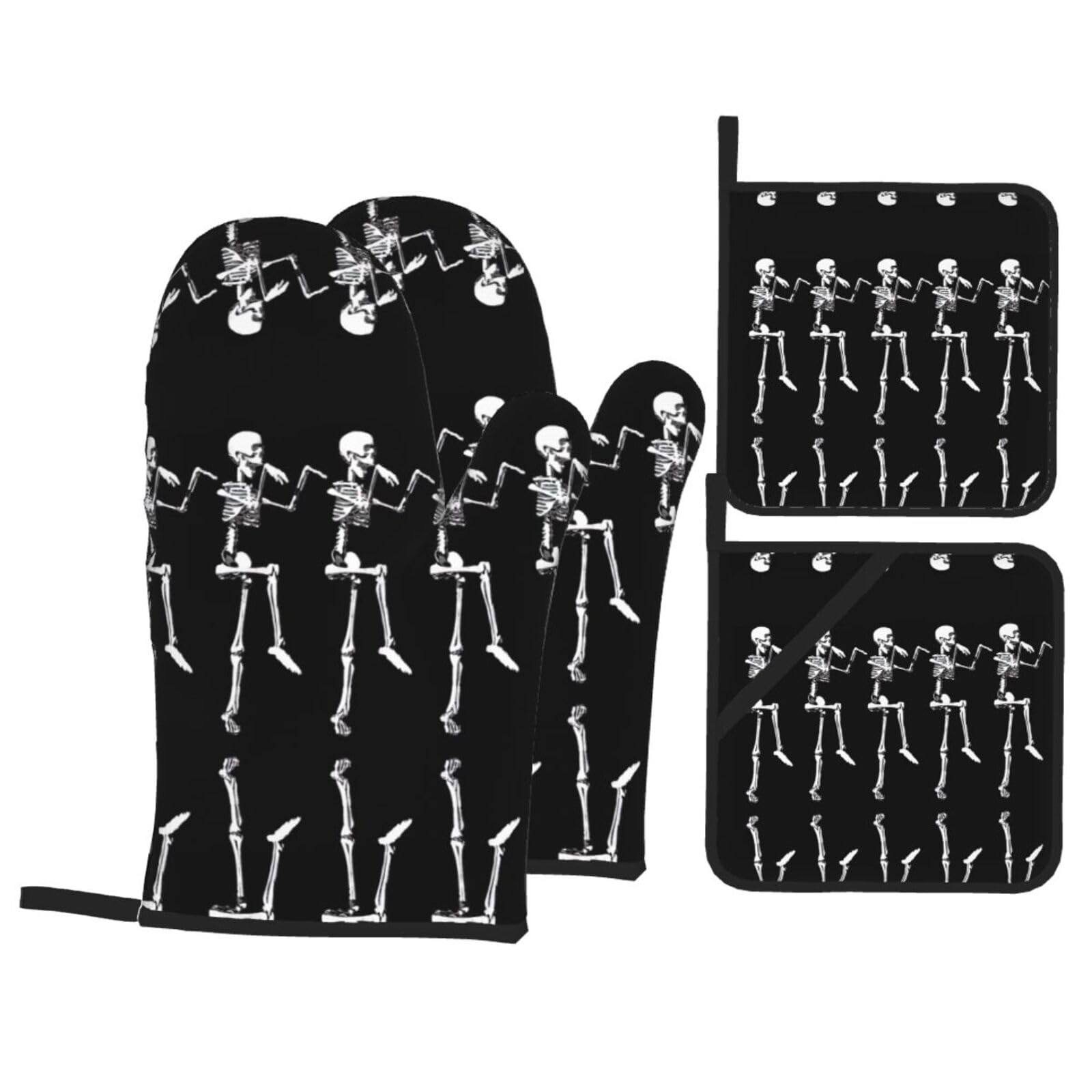 Halloween Posable Skeleton Skull Print Oven Microwaving Waterproof Kitchen Gloves for Baking Grilling Holiday Cooking