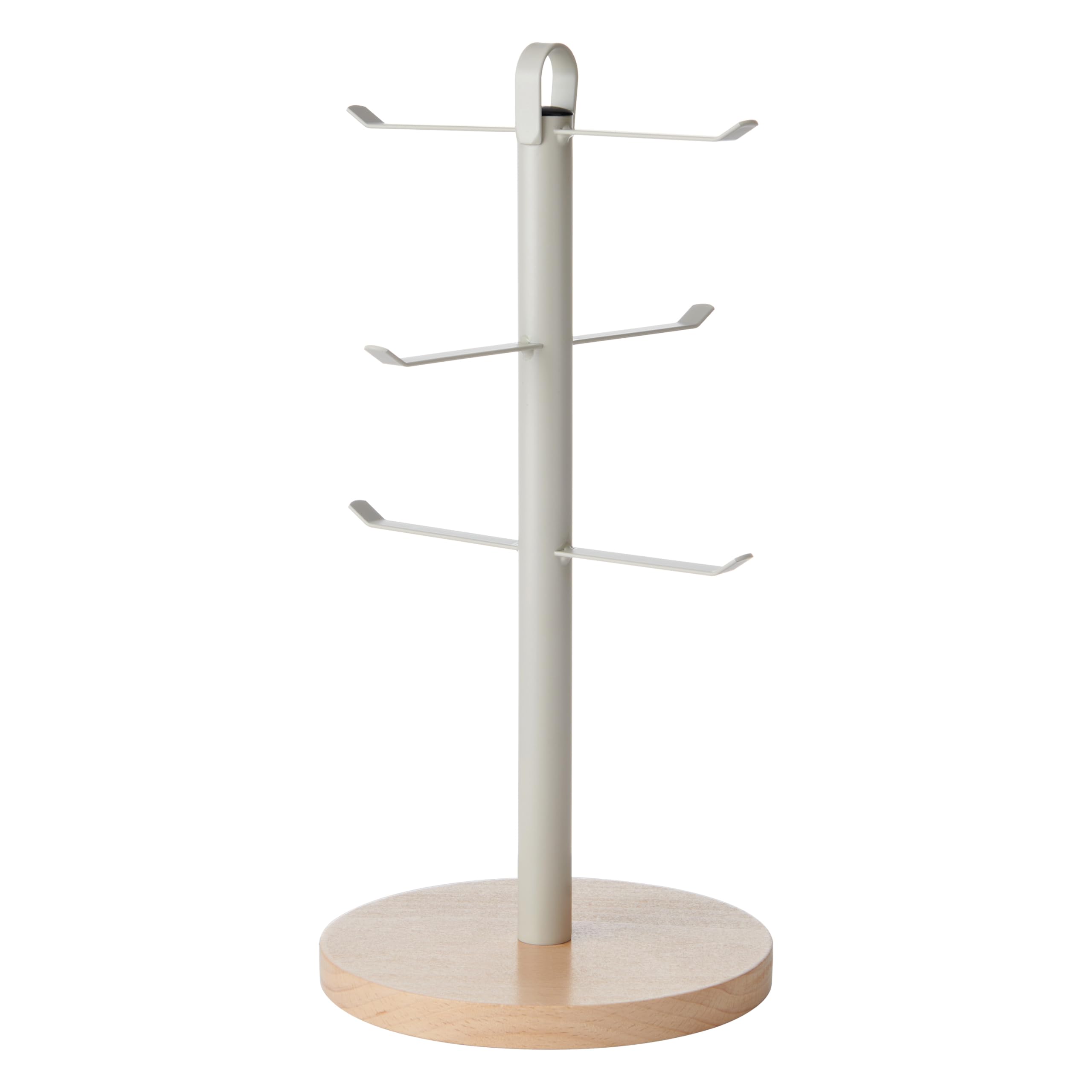 KitchenCraft Idilica Metal Mug Tree with Beechwood Base, 33cm Round Free-Standing Mug Holder for Kitchen Countertop