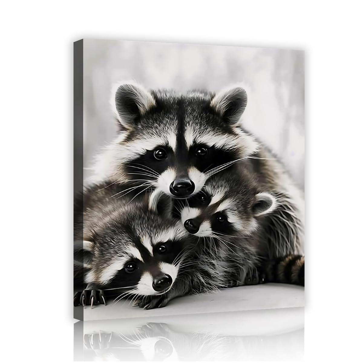 YUNART Raccoon Family Wall Art Black and White Animal Photography Wall Art Wildlife Pictures Mother Love Poster for Baby Nursery Room Decor 35x45cm Innerframe