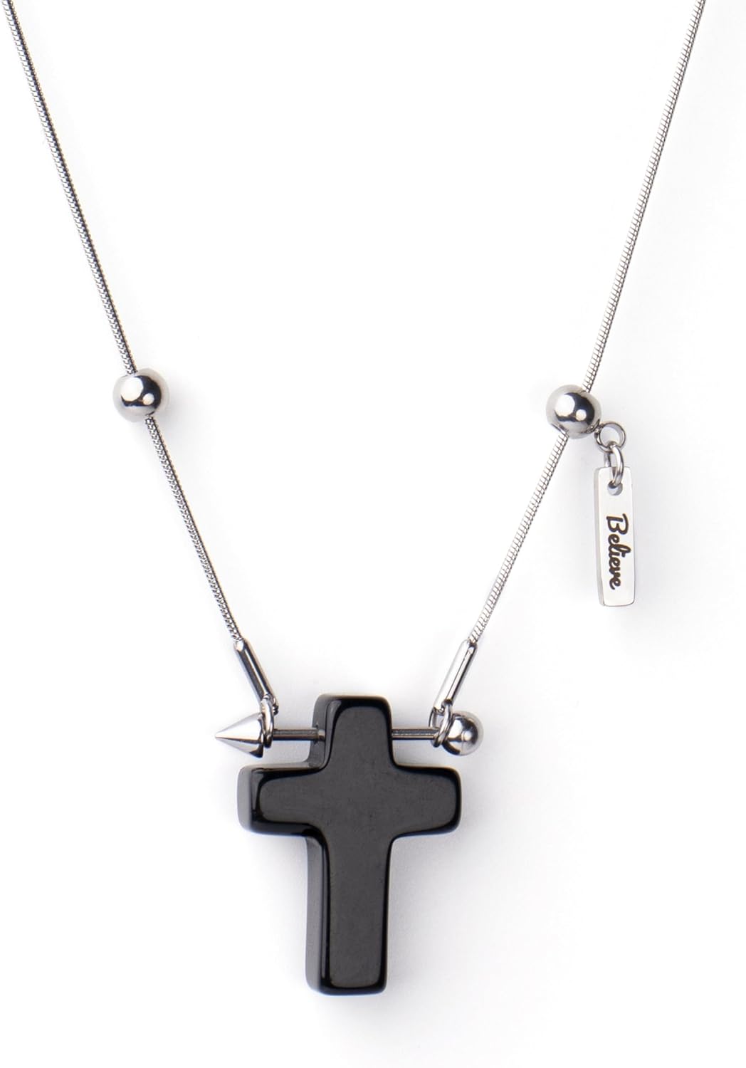 Black Obsidian Cross Necklace for Men Boys, Protection Crystal Crucifix Necklace, Adjustable 16~30 Inches Stainless Steel Pendant Chain for Men, Gifts for Christians