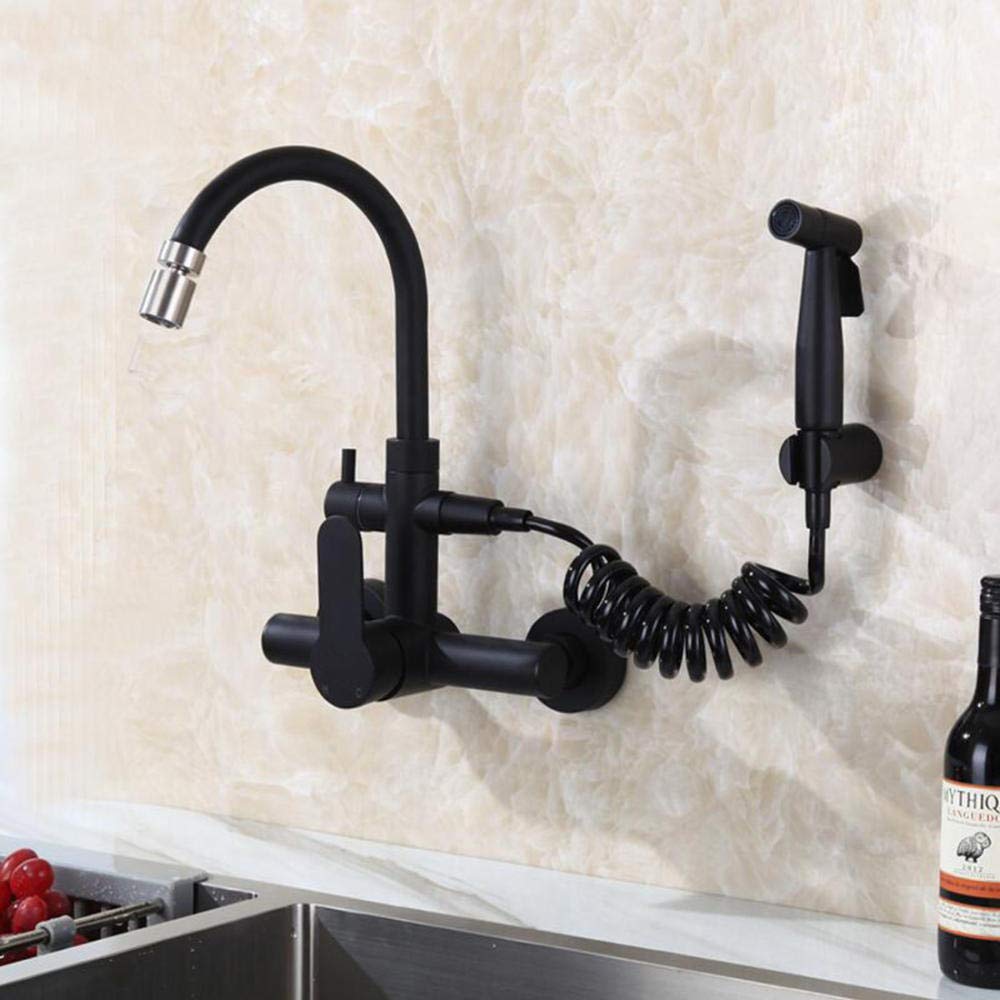 Robinet de cuisine mural noir pistolet extractible acier inoxydable évier eau chaude buanderie