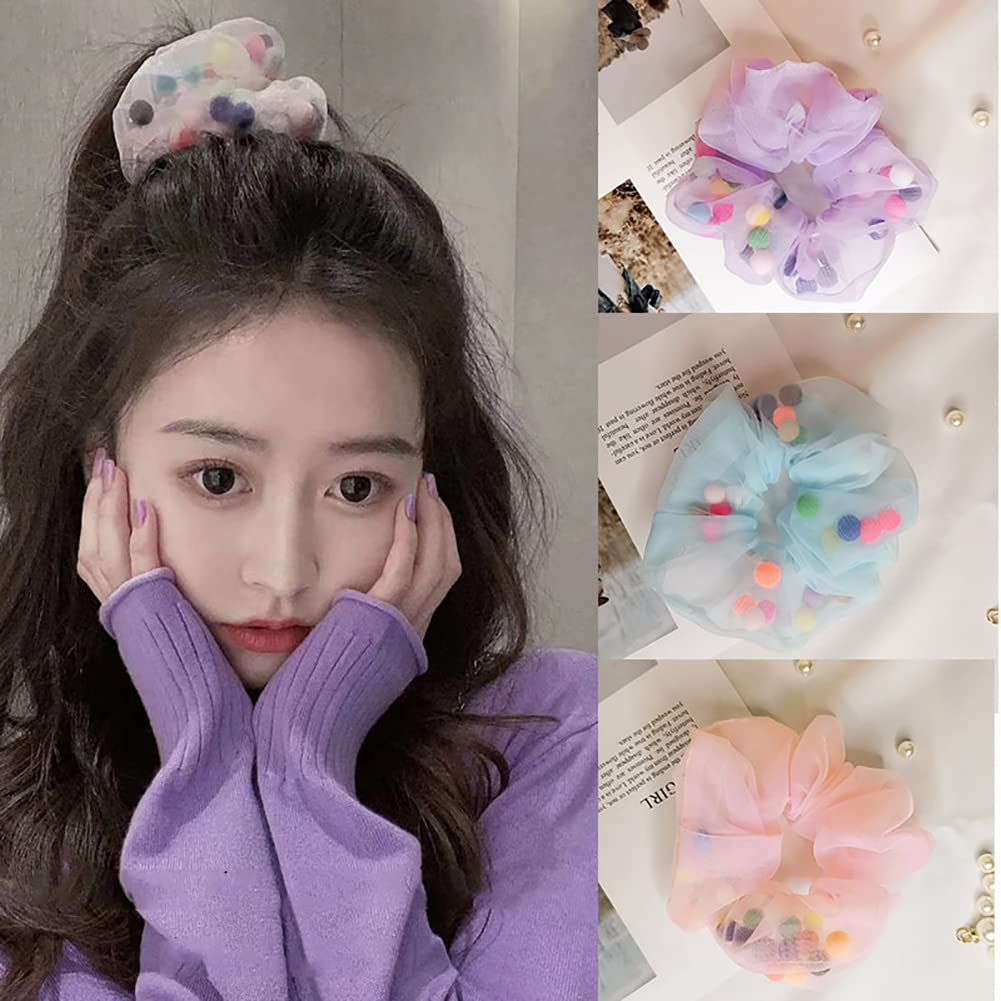 Amazon.com : Organza Pompom Scrunchies Hair Ties Chiffon  display picture 1