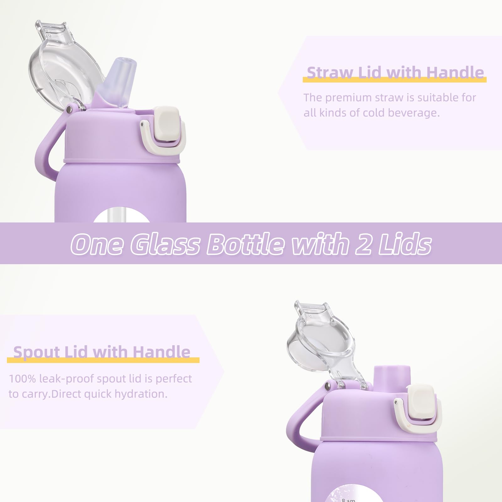 chunmo Bouteille d'eau en verre de 950 ml avec 2 couvercles, couvercle à bec verseur et couvercle à paille, bouteille d'eau motivante en borosilicate de 1 litre avec marqueur de temps et manchon en