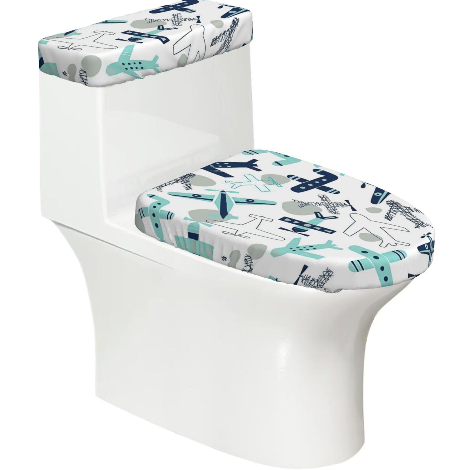Airplane Print Bathroom Decor Toilet Lid Cover And Tank Covers, Restroom Accessories Fits Most Round