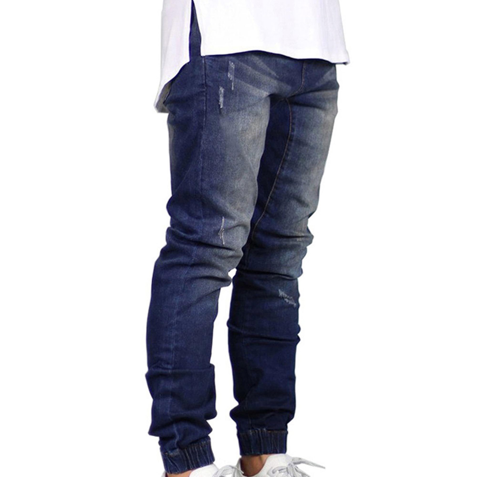 JEKE-DG Mens Washed Tapered Leg Jeans Distressed Skinny Stretch Denim Pants Slim Fit Casual Sweatpants with Pocket (34,Dark Blue 2)