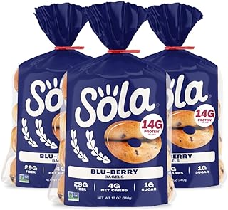 SOLA Low Carb & Keto Friendly Bagels, Blu-berry - 5g Net Carbs & 15g of Protein, No Added Sugar, Plant based, Low Calorie Bagels - 12 oz (4 Bagels/Pack) (Pack of 3)