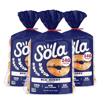 SOLA Low Carb & Keto Friendly Bagels, Blu-berry - 5g Net Carbs & 15g of Protein, No Added Sugar, Plant based, Low Calorie Bagels - 12 oz 4 Bagels/Pack Pack of 3