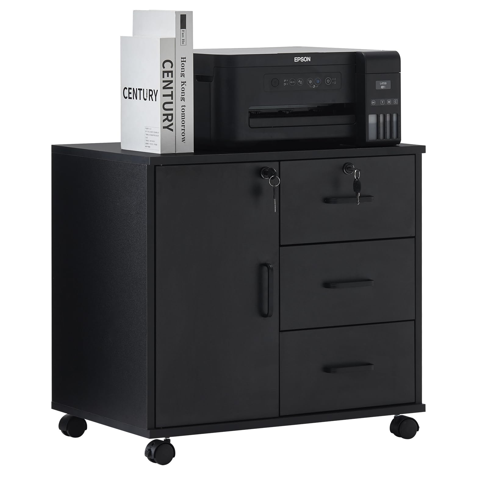 CLIPOP Lockable Wooden Mobile File Cabinet with 3 Drawer & Closed Storage, Lateral Filing Cabinet with Rolling Wheels for A4, Letter Sized Documents