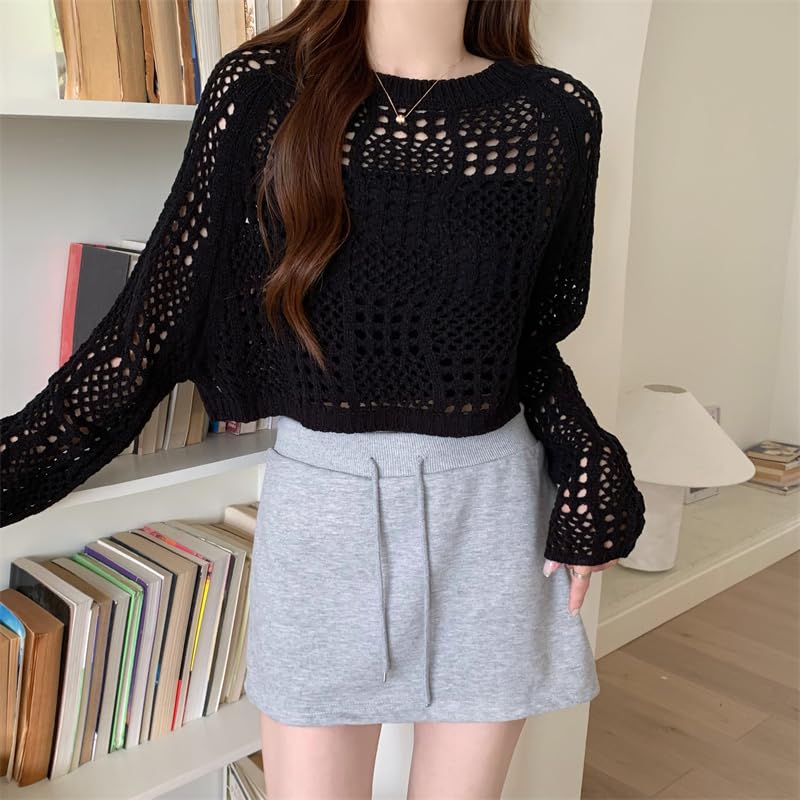 Image of ICW Women's Knitted Crochet Transparent Long-Sleeve Hollow Out Sheer Pullover Top T-Shirt Sweater Dn61 (One Size Fit XS-S-M-L)
