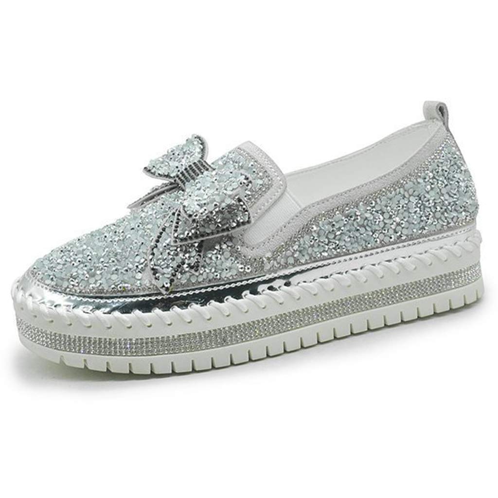 Cydmoty Mocasines casuales con diamantes de imitación para mujer con bonito lazo de plataforma