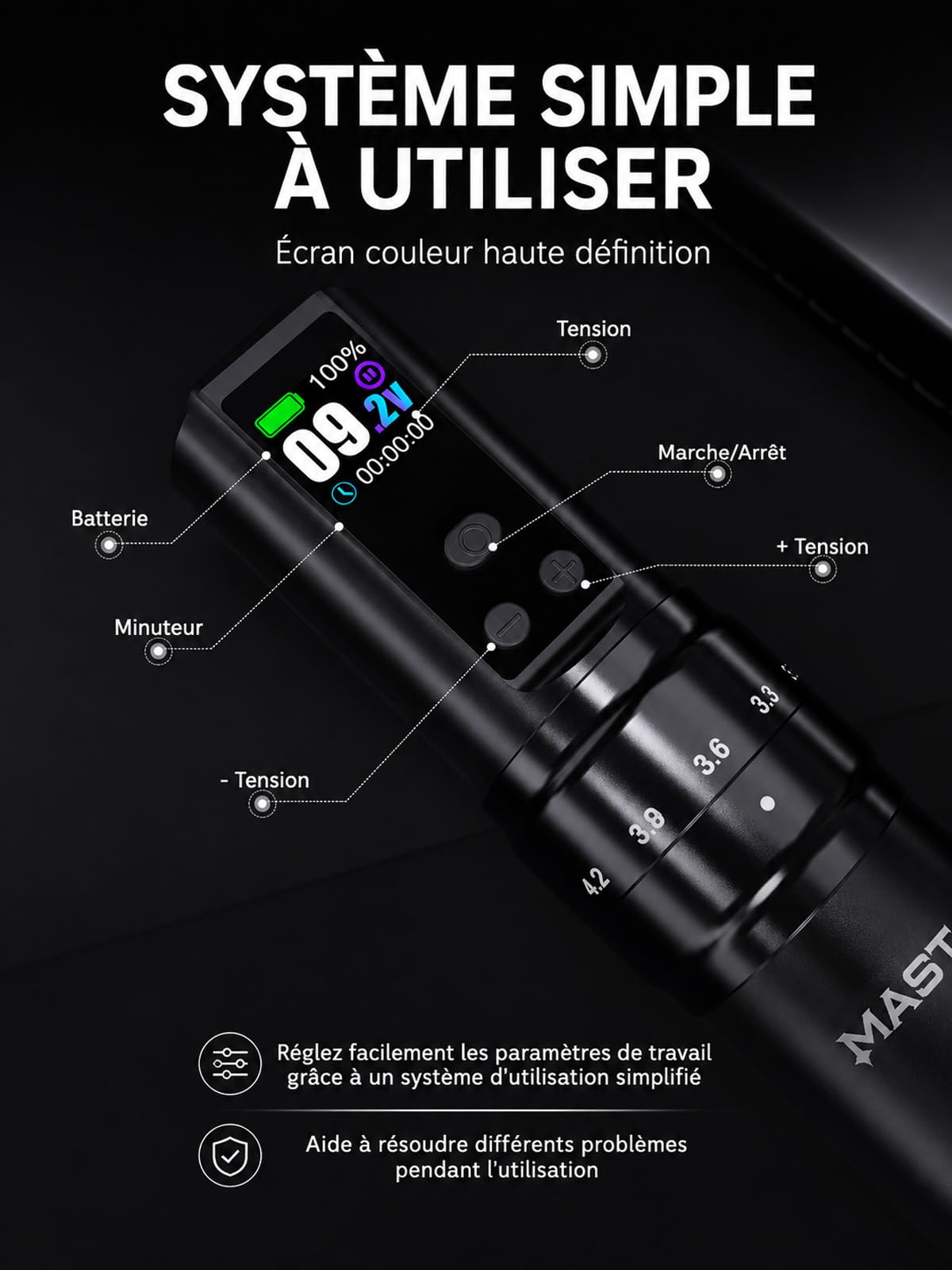 Mast Fold2 Pro Kit Tatouage Professionnel Sans Fil Machine à Tatouer Rotative Tattoo Machine Pen avec 2 Batteries 2000mAh, Connexion RCA, Aiguilles et Encre Doré | Set Complet