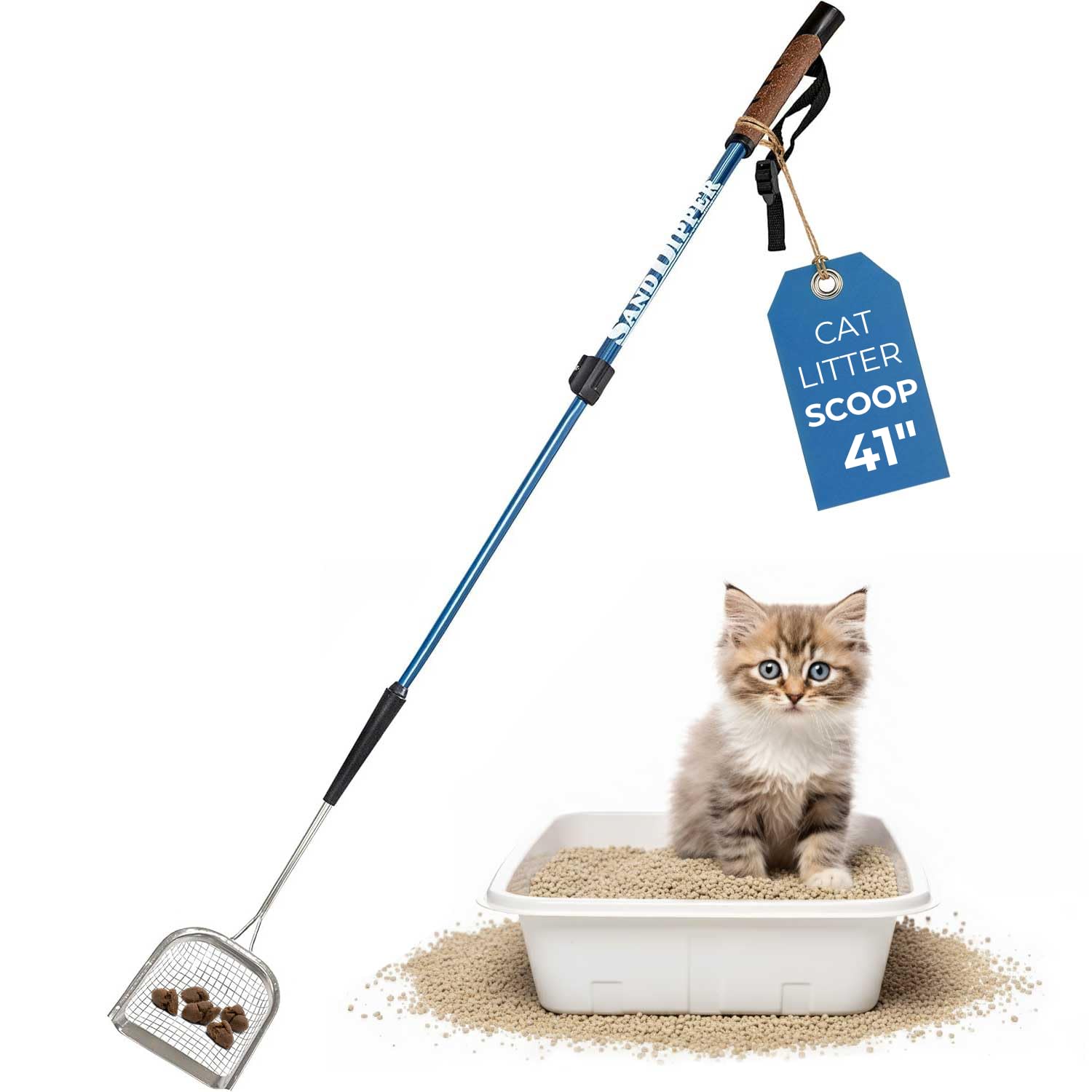 Metal Cat Litter Scoop – Long Handle Cat Poop Scooper for Litter Box (41”), Heavy-Duty Stainless Steel Kitty Litter Scoop (Mid-Adjustable)