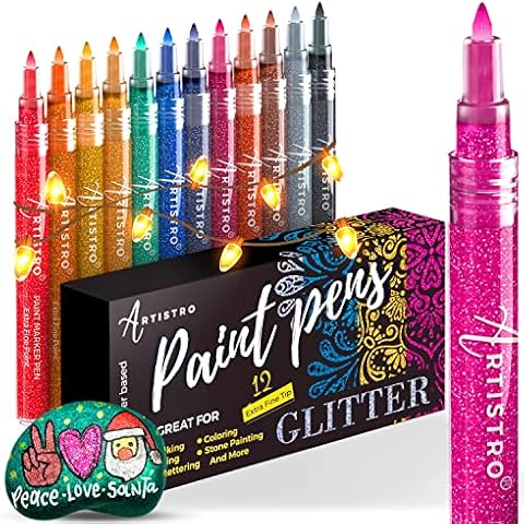 Glitter Paint Pens for Rock Painting, Stone, Ceramic, Glass, Wood, Fabric, Scrapbooking, DIY Craft Making, Art Supplies, Card Making, Coloring. Set of 12 Acrylic Glitter Markers Extra-Fine Tip 0.7mm Cover