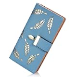 Women's Long Leaf Bifold Wallet Leather Card Holder Purse Zipper Buckle Elegant Clutch Wallet Handbag for Women-Blue