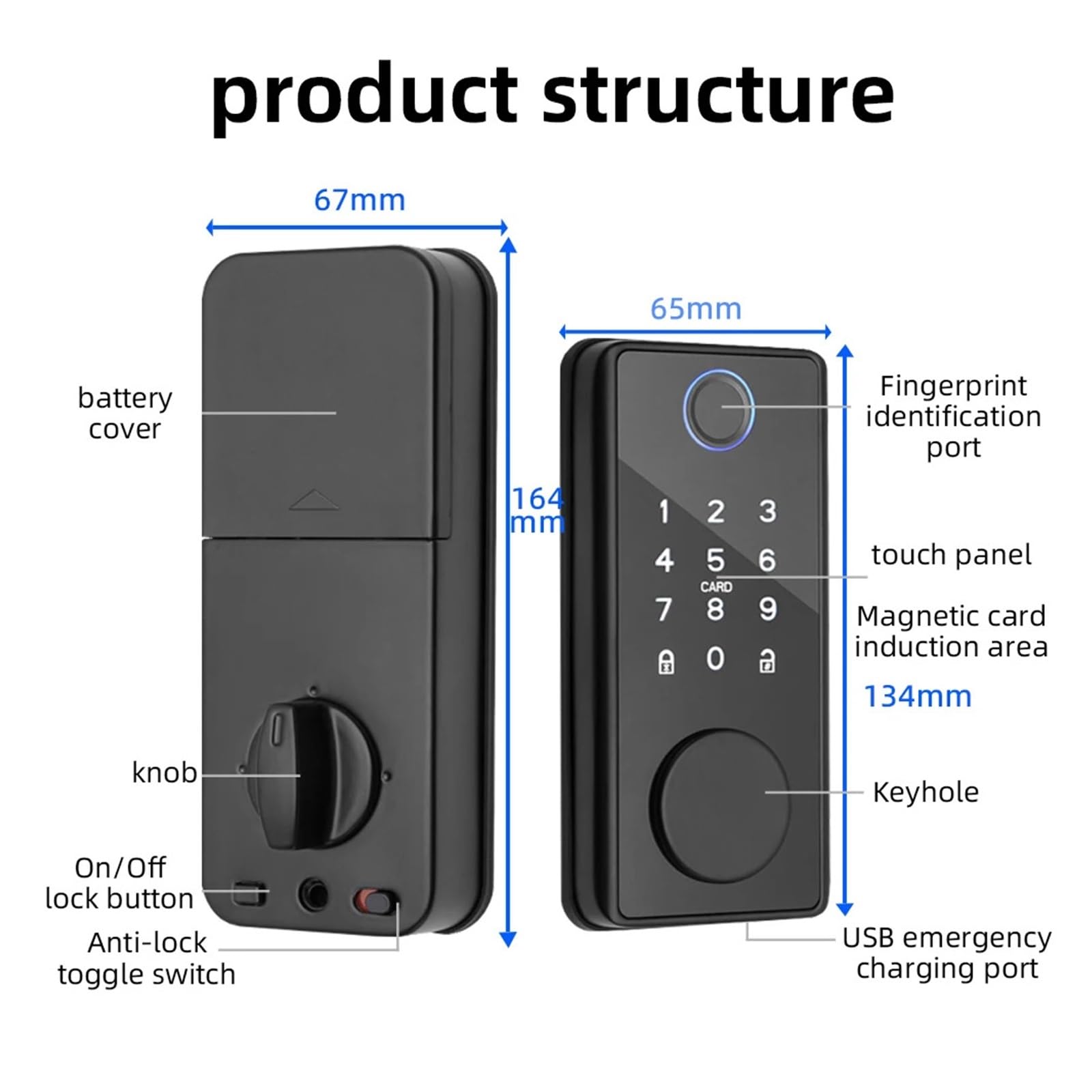 BLE TT Lock Smart Fingerabdruck-Riegelschloss mit Riegel/Türsensor, Auto-Lock-Schlüssel/Passwort/Karte/TT-Lock-App-Entsperrung
