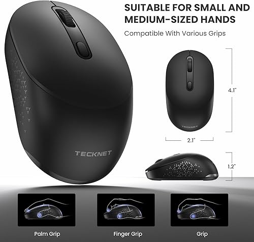 Miniatura 7 de TECKNET Ratón inalámbrico Bluetooth, receptor USB-A Bluetooth 5.0 y 2.4G, compacto y portátil, clic silencioso, diseño ergonómico simétrico, batería