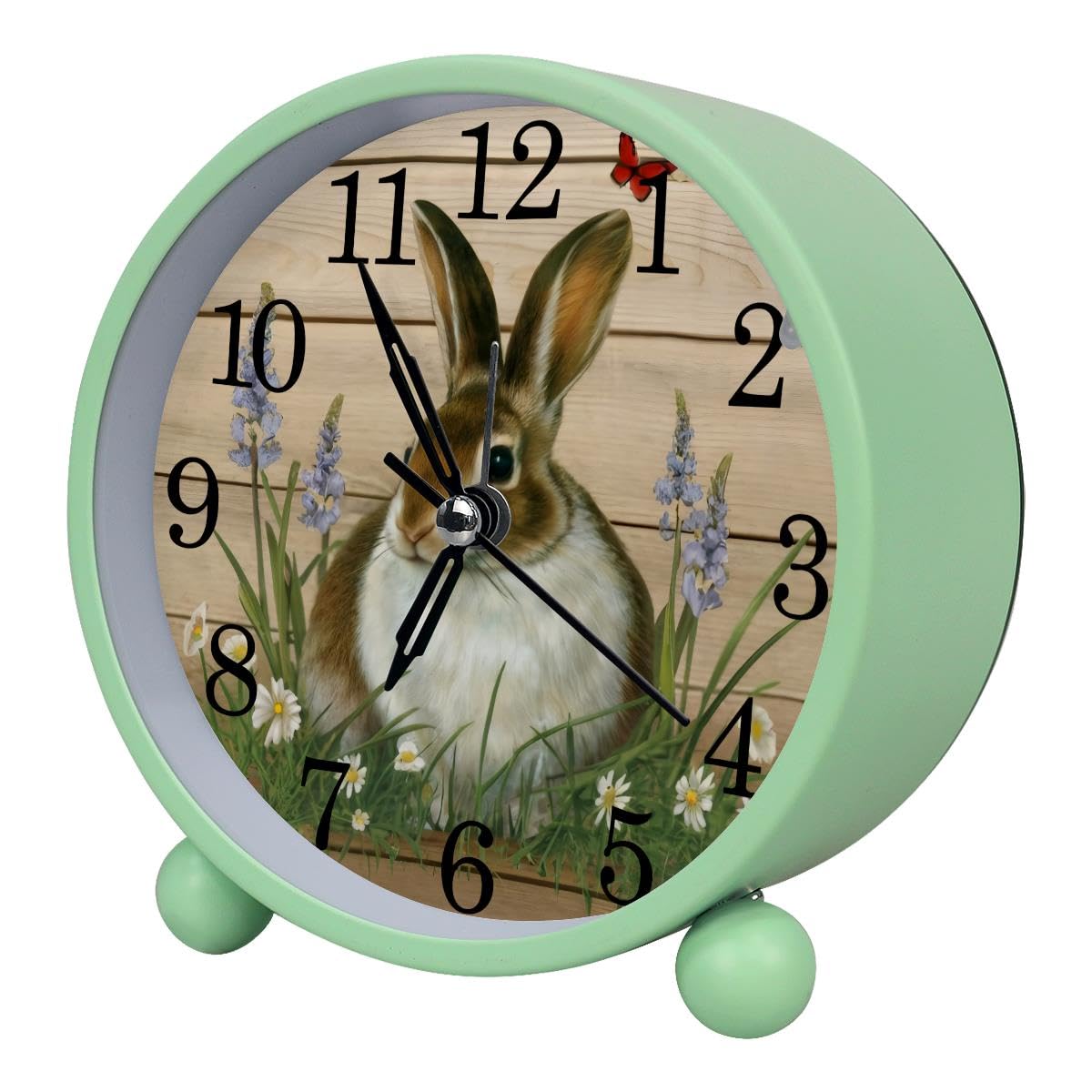Alarm Clock Rabbit on Wooden Planks, Silent Non-Ticking with Night Light