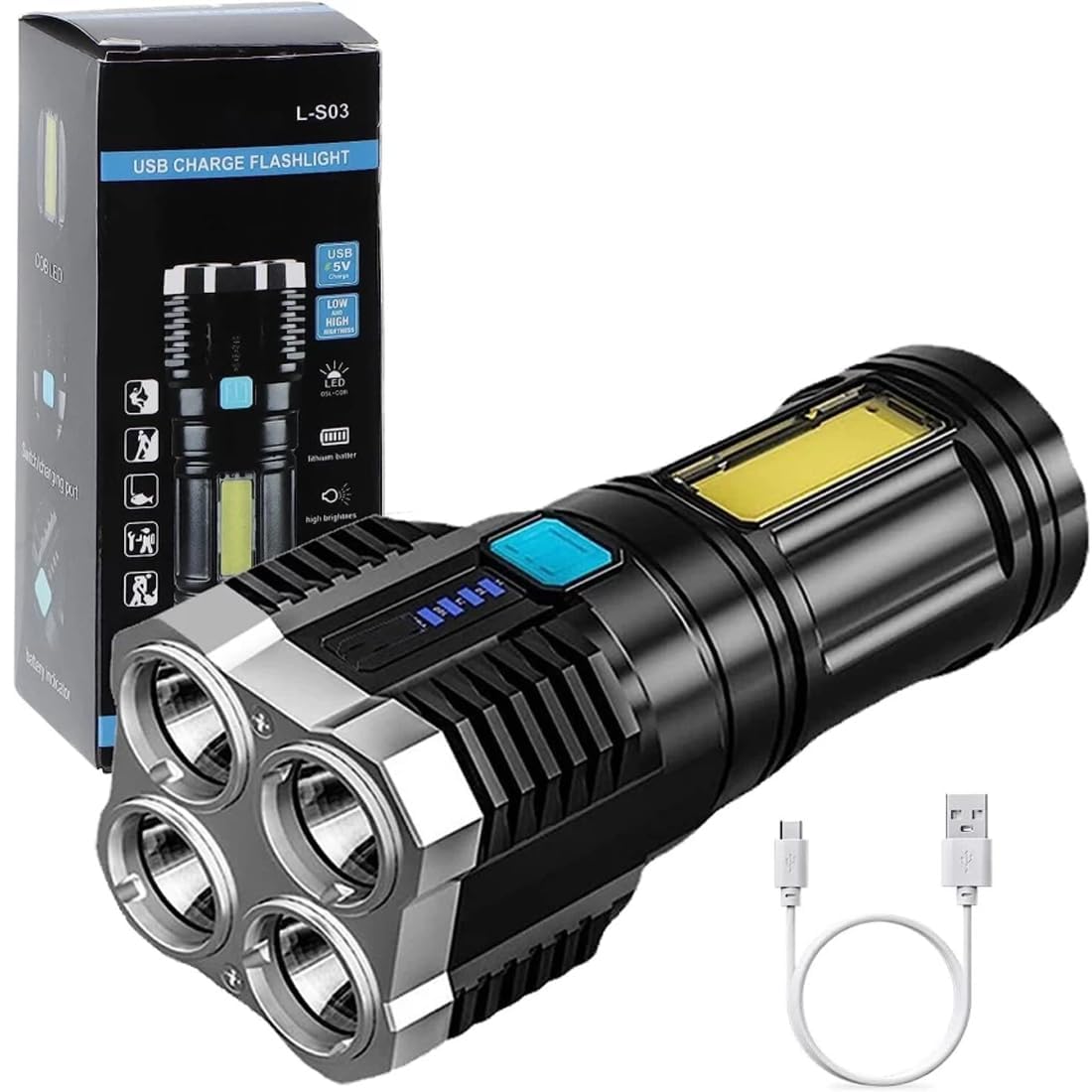 SHOPLUV 4-core Super Bright Flashlight LED Torch Strong Light USB Rechargeable Outdoor Multi-Function Lamp Tactical Camping Searchlight COB Light, Black-image-38