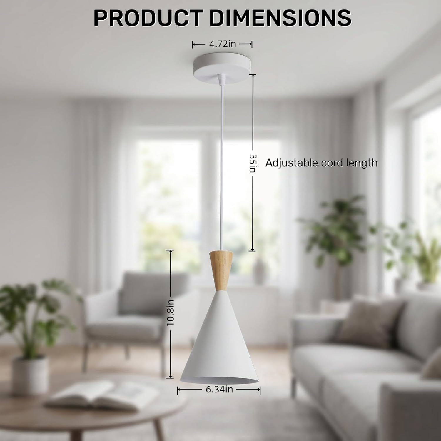 Modern Cone Pendant Light with Metal Shade&Wood Top, E26 UL Socket, Adjustable Hanging Light Fixture for Kitchen Island, Dining Room, Bedroom, Farmhouse, Mid-Century Style, White Matte