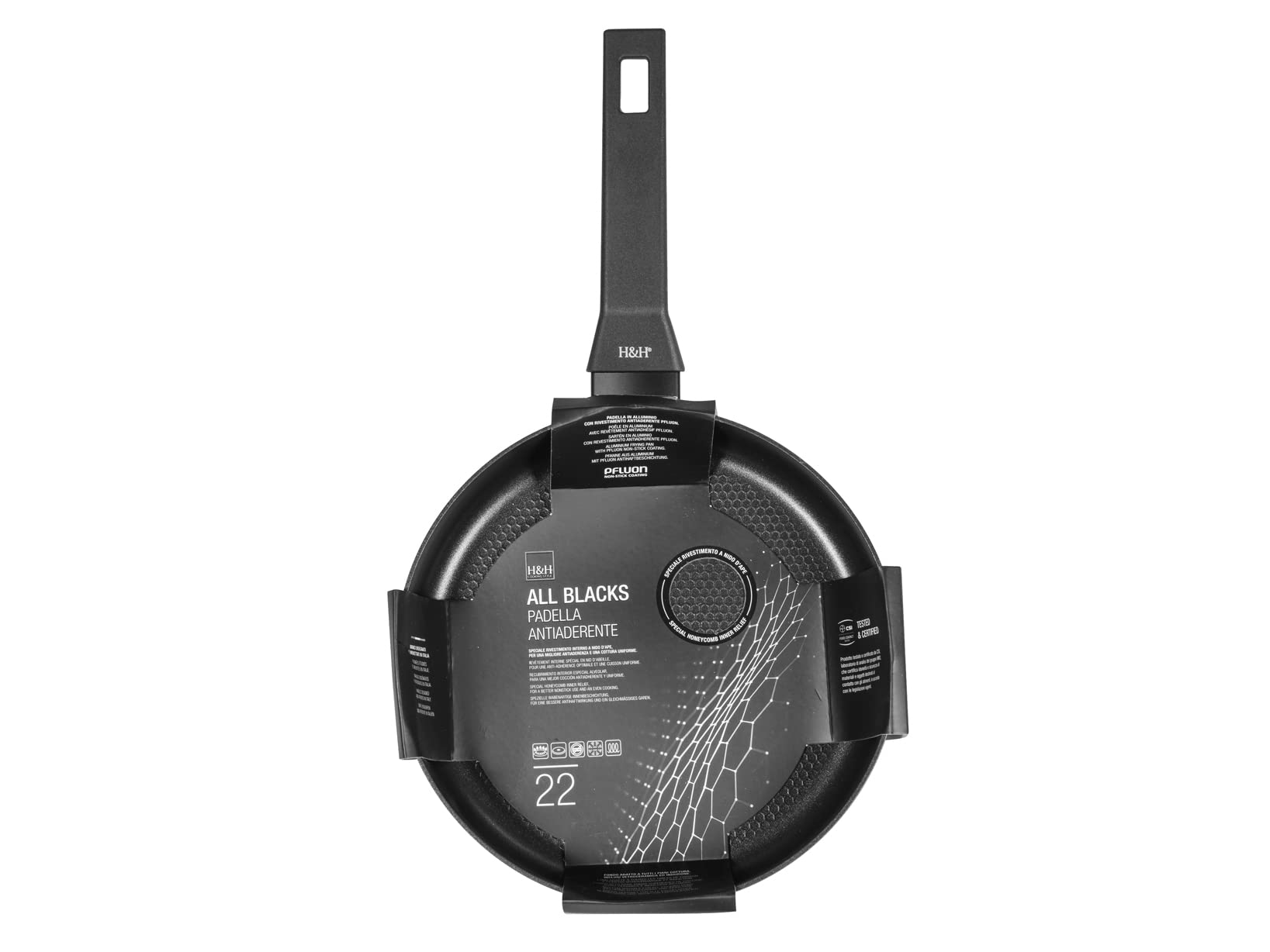 H&H All Blacks Aluminiowa patelnia z powłoką Non-stick Pfluon, 22cm, wewnętrzna powłoka plastra miodu, indukcja