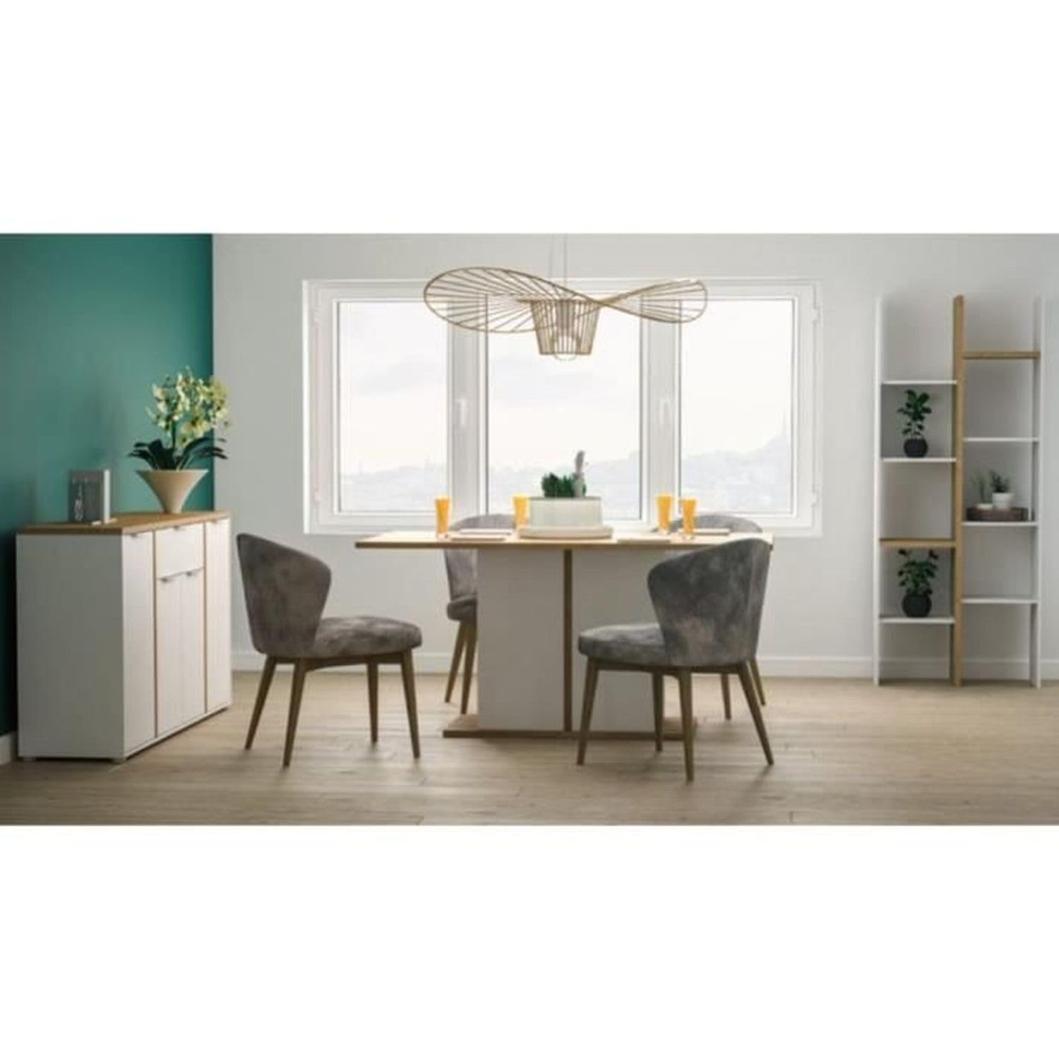 Aparador Moderno con 3 Puertas y 2 cajones – Estilo escandinavo – Color Blanco Mate y Roble Hamilton - 121,5 x 39,6 x 85,6 cm