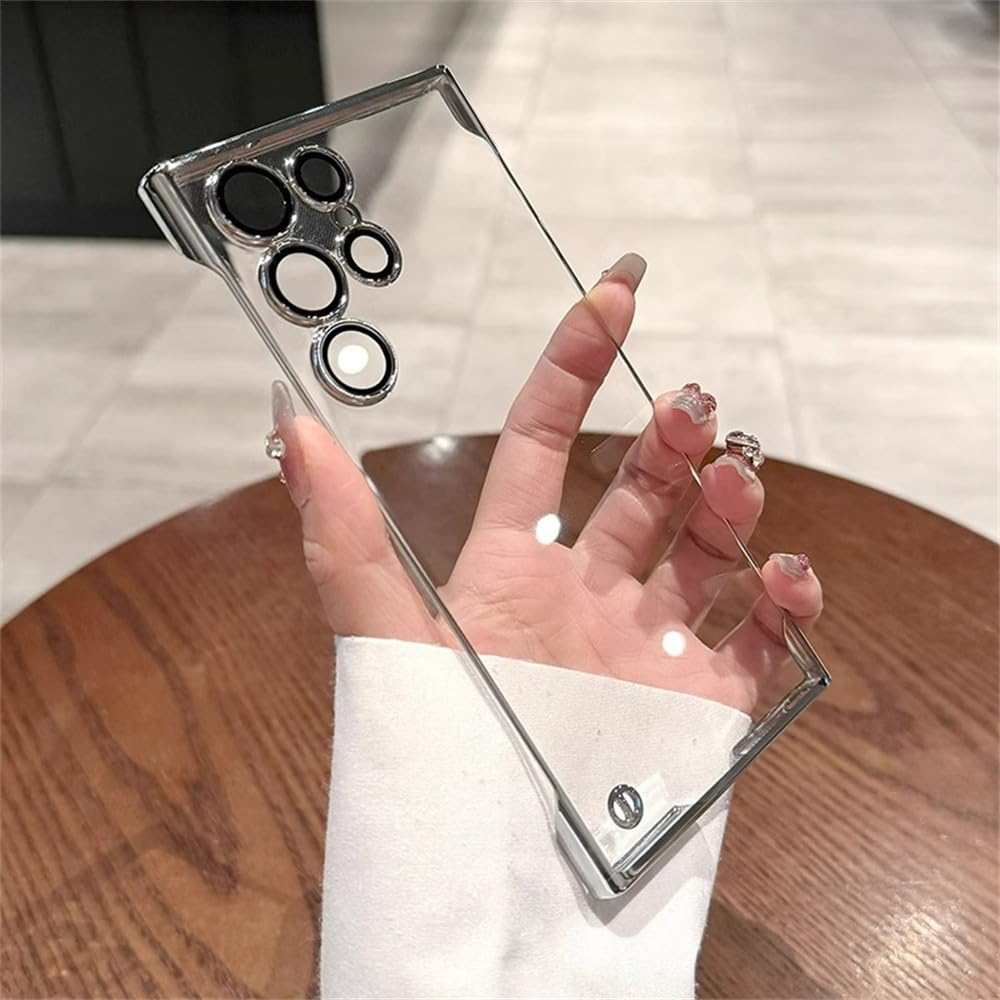 YVWUNH Frameless Hard Clear Phone Case for Samsung Galaxy S24 Plus S23 S22 Ultra Plating Lens Film Ultra Thin Transparent PC Back Cover,Silver,for S24