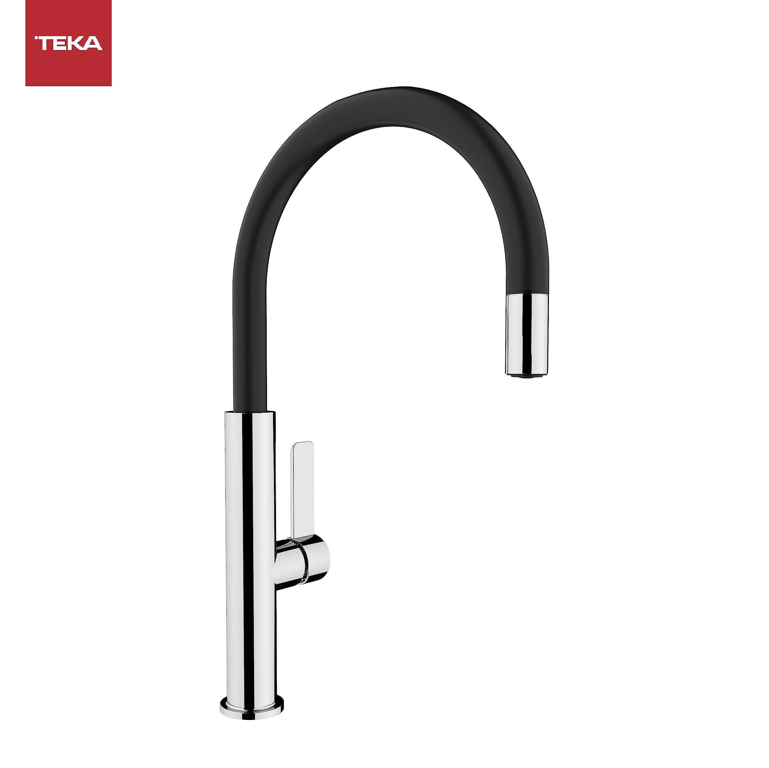 TEKA Grifo de Cocina Monomando, Caño Alto Giratorio, Aireador Anticalcáreo, Sistema Easy-Quick, Latiguillos Flexibles 3/8” y 1/2”, Acabado Negro y Cromo, Modelo FOT 995