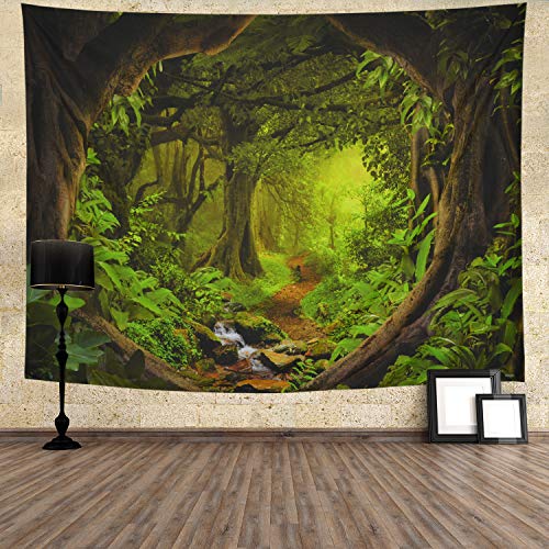 Tushelia Forest Tapestry Nature Tree Cave Tapestry Wall Hanging Misty Forest Tapestry Stream Through Rainforest Tapestry Landscape Wall Tapestry Jungle Creek Psychedelic Tapestry For Living Room thumb #3