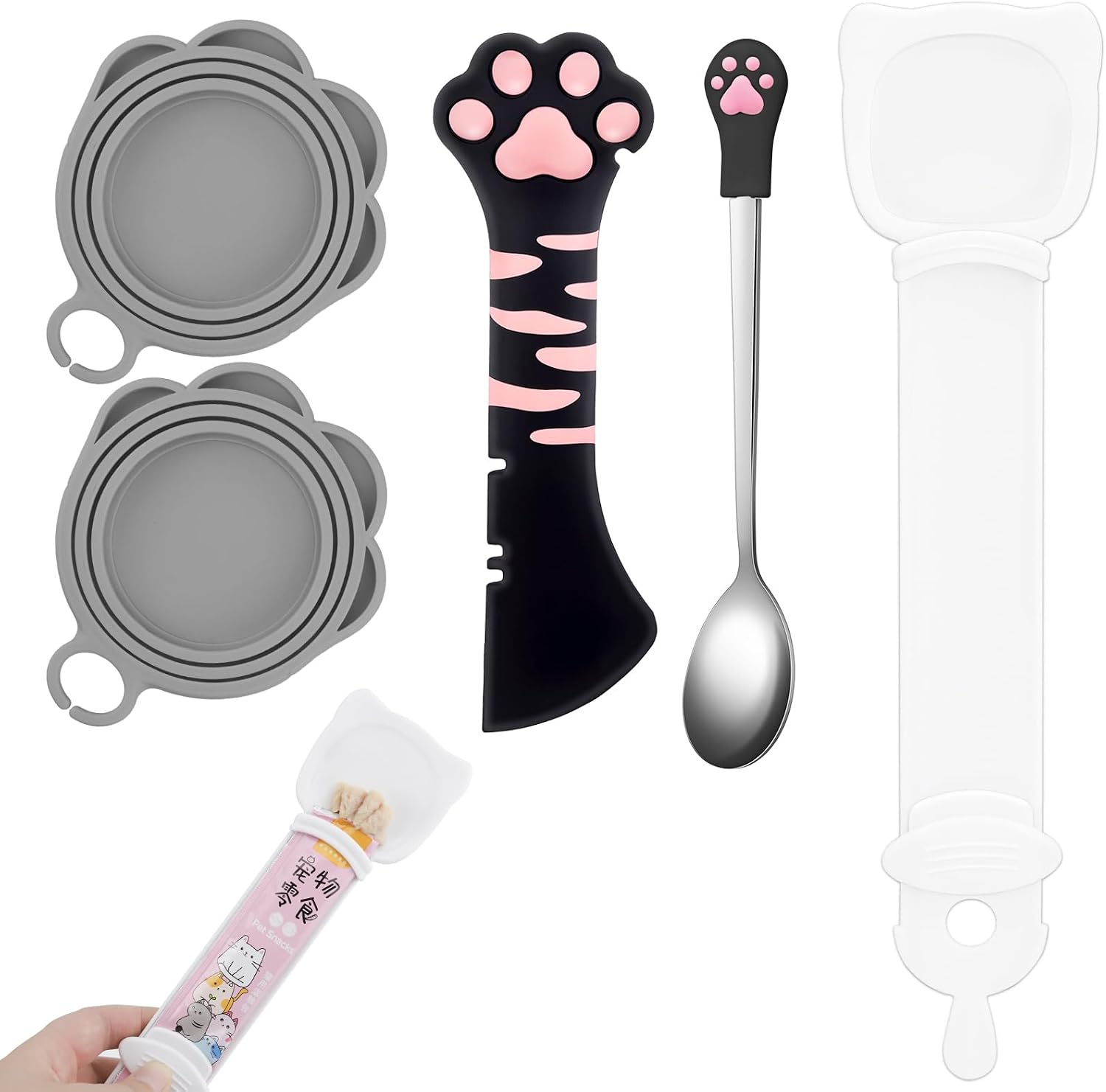 5 PCS Cat Food Can Covers Lids Set, Silicone Pet Food Can Lids with Multi-Function Cat Food Spoon and Opener, Cat Bar Squeezer, Stainless Steel Wet Food Spoon for Cats and Dogs (Pink) (Black Pink)