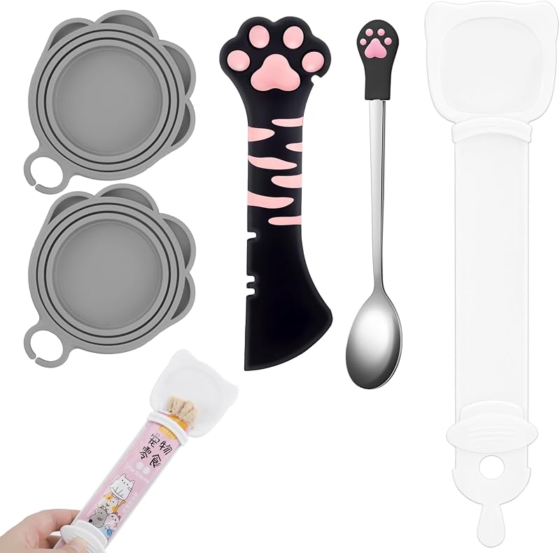 Kit para Armazenamento de Alimentos para Gatos Aecsze com Tampas de Silicone, Colher, Abridor e Espremedor, 5 Peças (Black Pink)