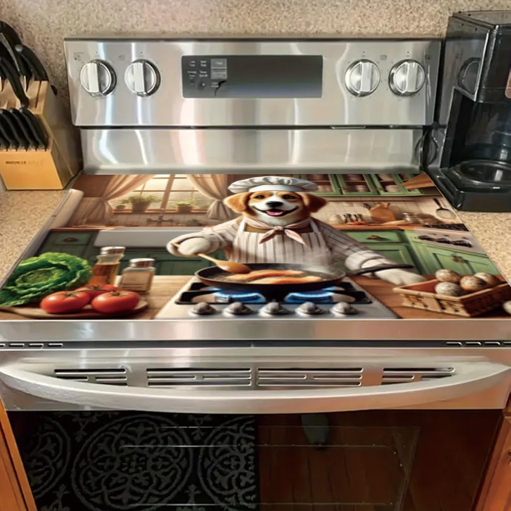 2D Flat Stove Top Cover Protector 28 x 20 Inch Glass Cooktop Cover Cartoon Chef Dog and Ingredients Design Counter Mat Kitchen Decor Electric Stove Cover Space Saver