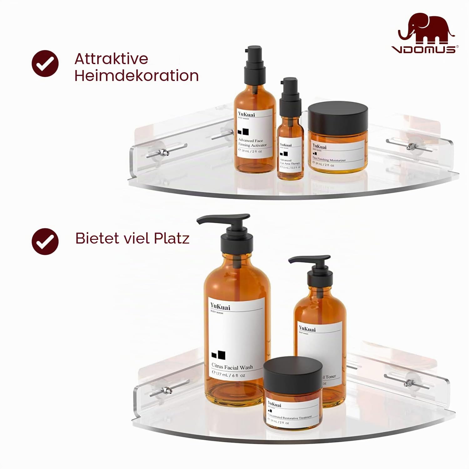 Vdomus Acryl Badezimmerregale | Transparente Duschablage für die Ecke | Selbstklebend | Duschregale für Fliesenwände | Duschablage ohne Bohren - 2er-Set