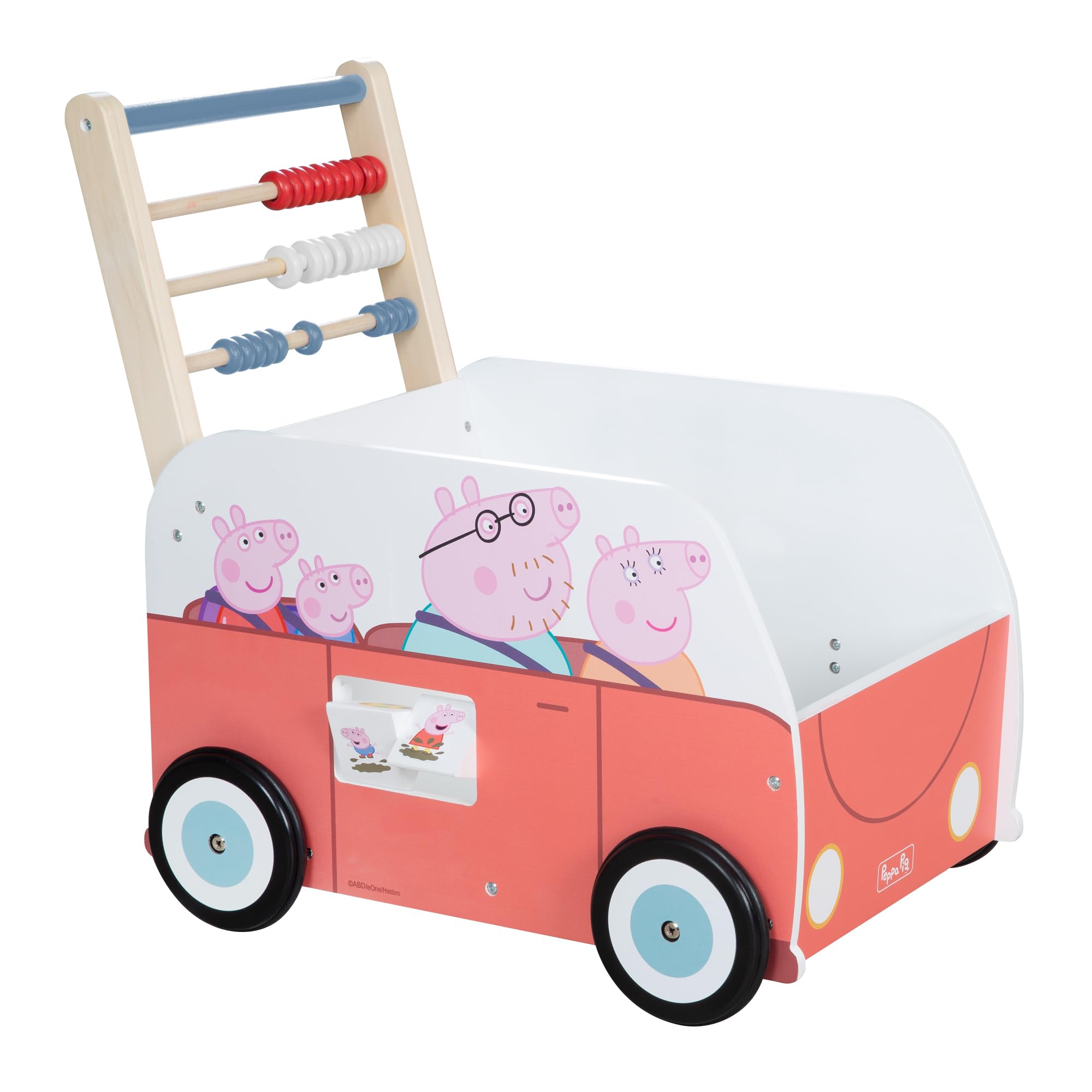 roba Carrello Giocattolo a Spinta Bully Peppa Pig - con Abaco e Ruote - per Imparare a Camminare - Primi Passi - Regalo Compleanno, Natale, Pasqua - Legno Laccato Bianco/Rosa