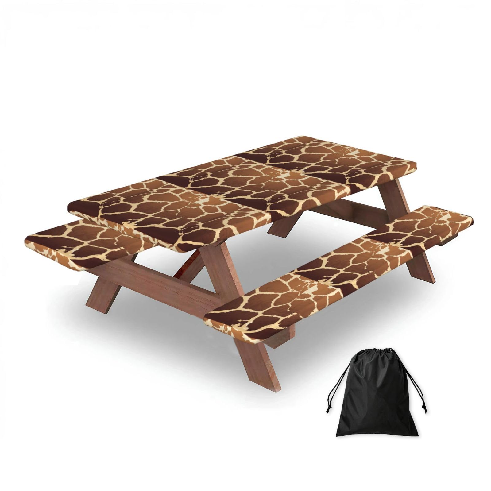 Dopklna As Picture Giraffe Print, Picnic Table Cover With Bench Covers -Waterproof Elastic Fitted Tablecloth For Garden Camping Patio 76X152cm