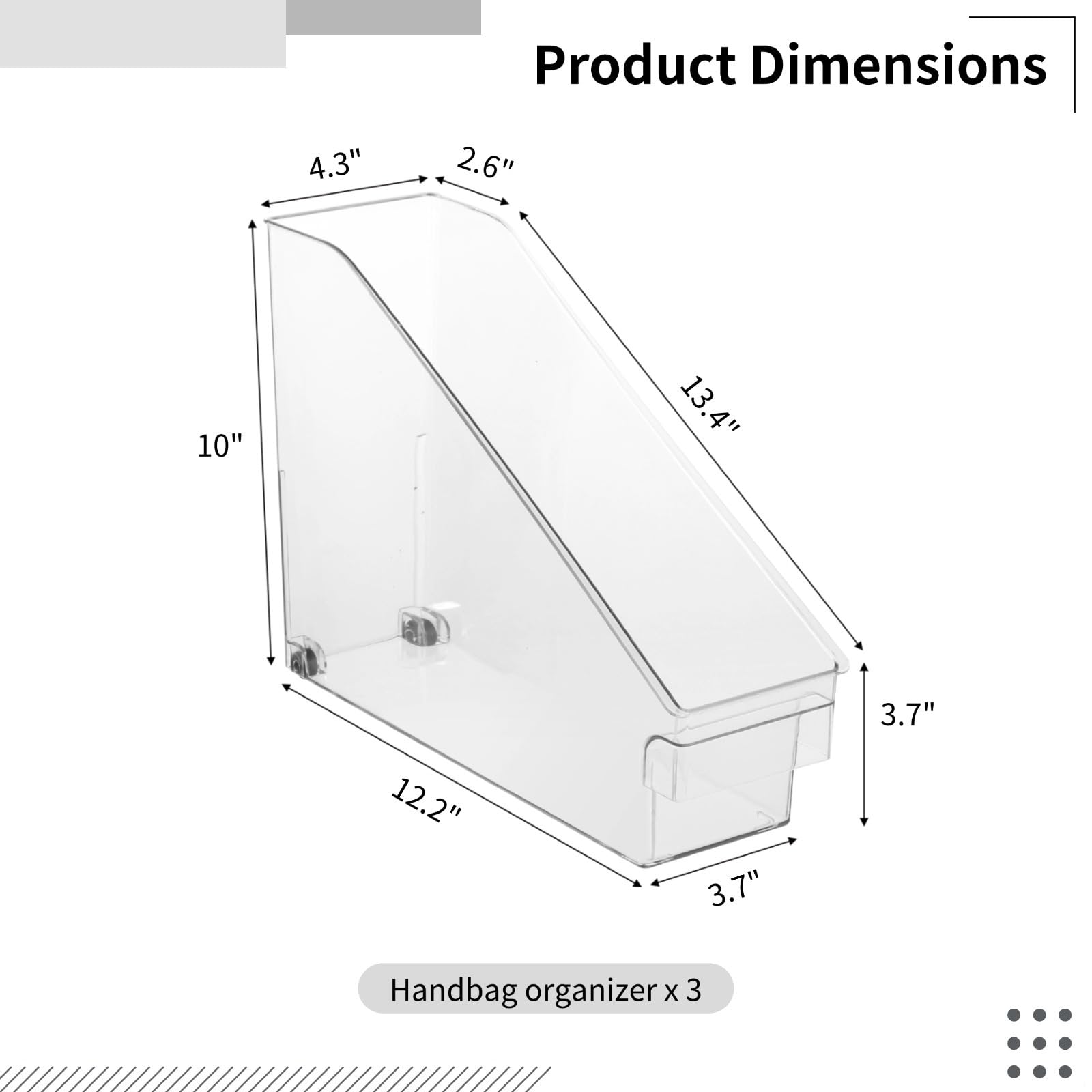 3 akrylowe organizery do torebki, 30 x 8 x 25 cm, przezroczyste uchwyty na torebki do szafy i półki z ruchomymi przegrodami