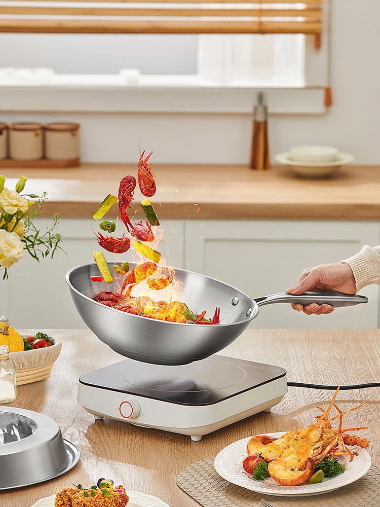 Rosenstein & Söhne Wok: Edelstahl-Wokpfanne, unbeschichtet, für alle Herdarten, Ø 28 cm (Edelstahlpfanne, Pfannen für Elektroherd, Gaskocher)