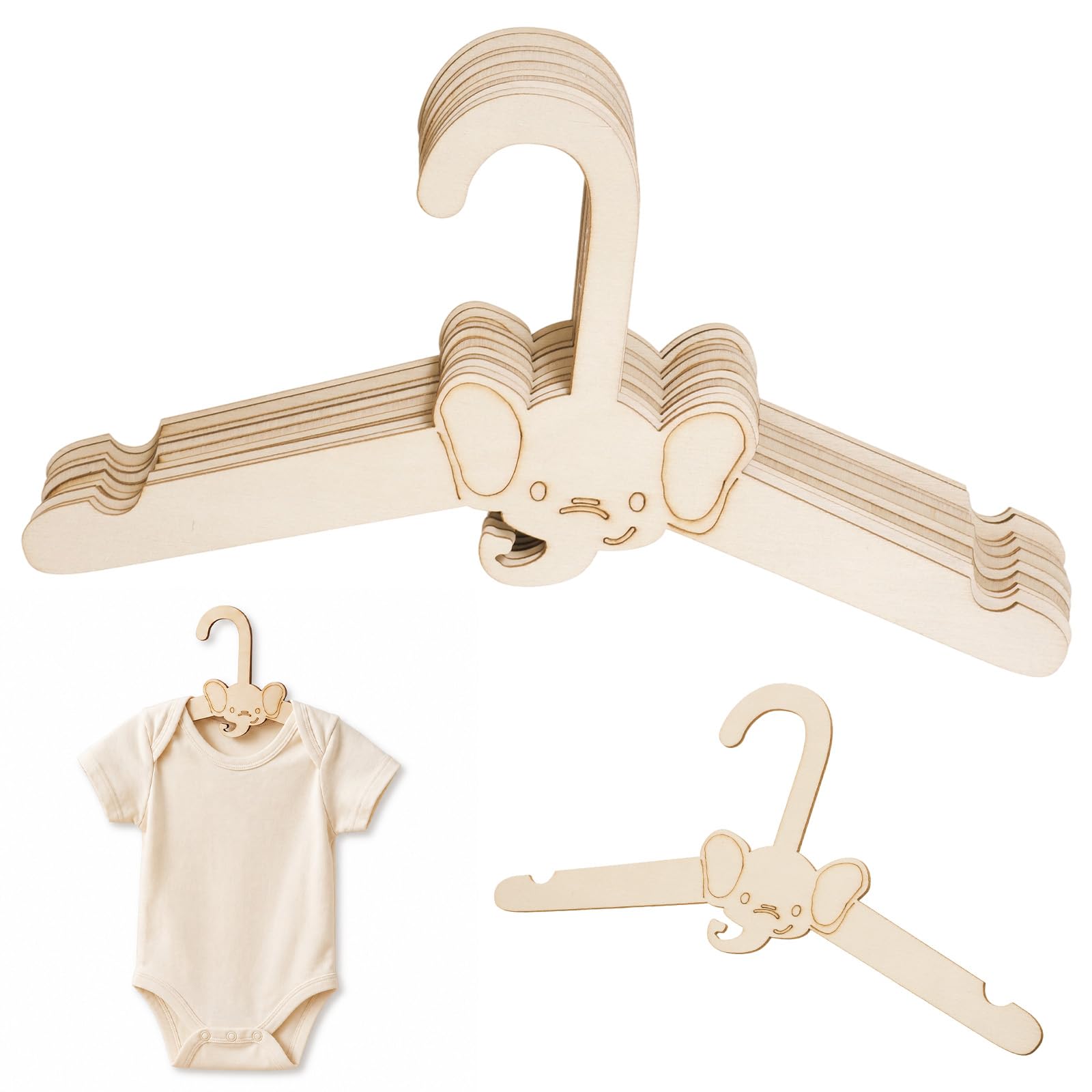 10 Pack Wooden Baby Hangers 10 Inch Non Slip Toddler Clothes Hangers (Elephant)