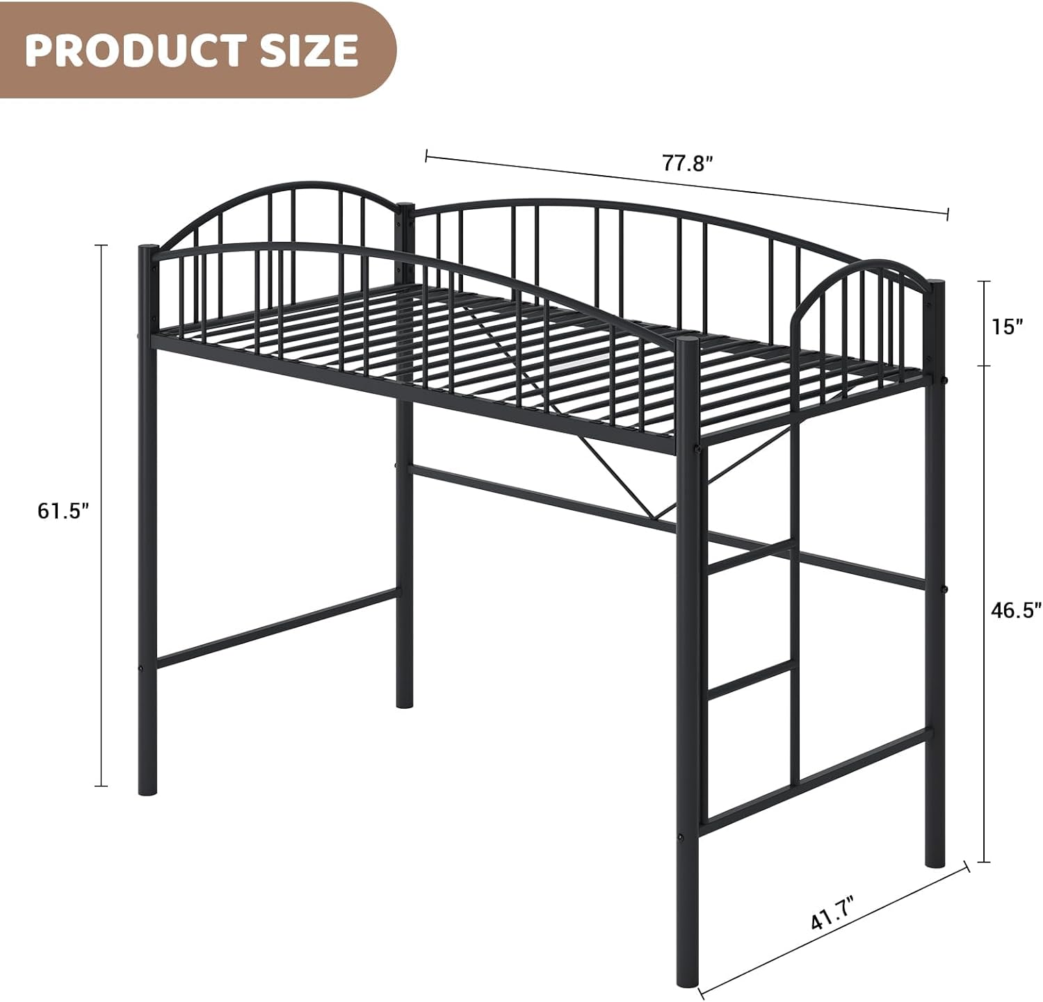 Garvee Loft Bed Twin Size with Ladde and Arched Guardrail, Heavy Duty Metal Loft Bed Frame for Kids and Adults, Sturdy Steel Slats Support, Small Space Saving Design, No Box Spring Needed, Black