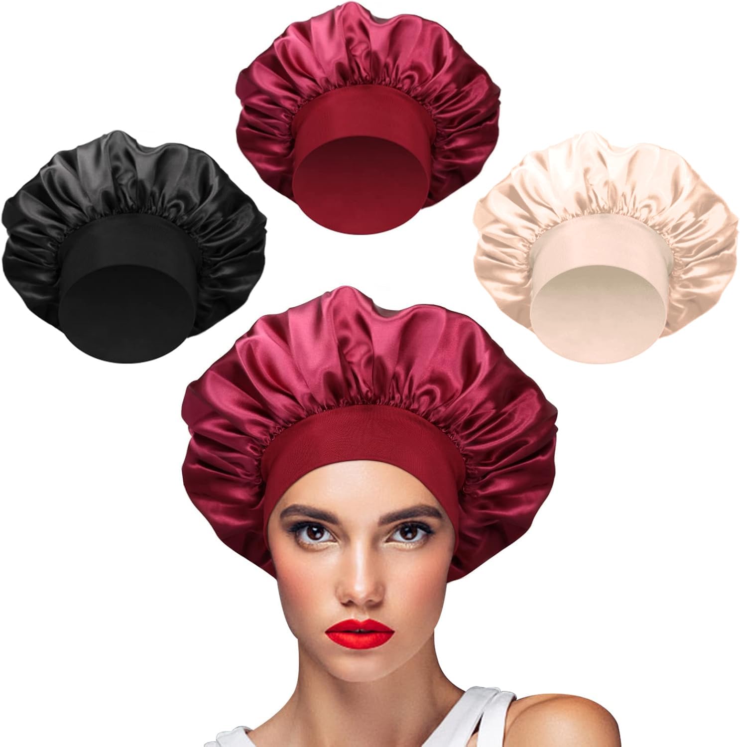 Silk Bonnet 3 Pcs Satin Bonnets for Wome Night Double Layer Silk Hair Bonnets