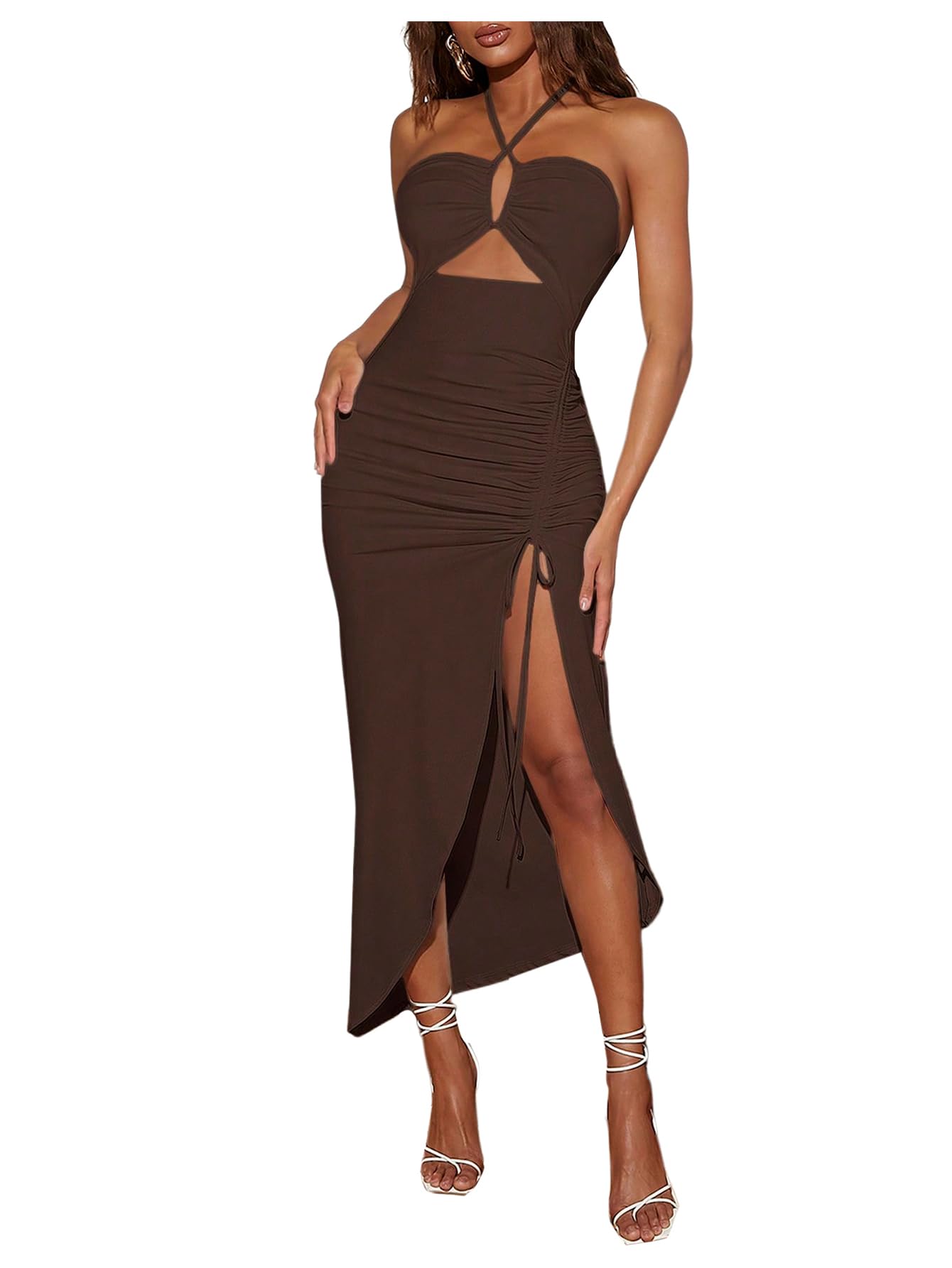 SOLY HUX Women's Cut Out Ruched Halter Dress High Split Drawstring Bodycon Maxi Vacation Dresses