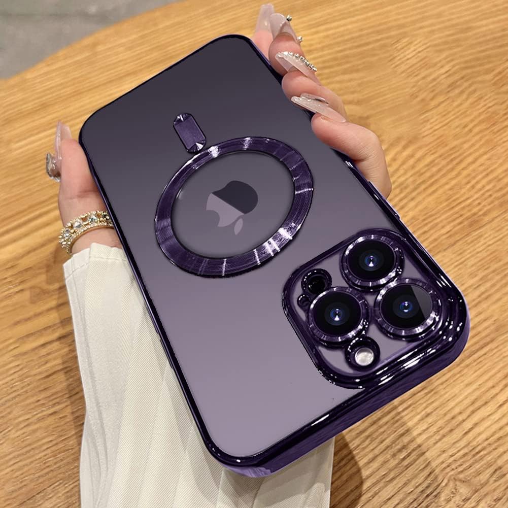 E CHOICE iPhone 15 Pro Max Magnetic Case with Camera Lens Protector, Compatible with Mag-Safe Slim Thin Transparent Phone Case Cover For iPhone 15 Pro max 6.7 Inch (Purple)